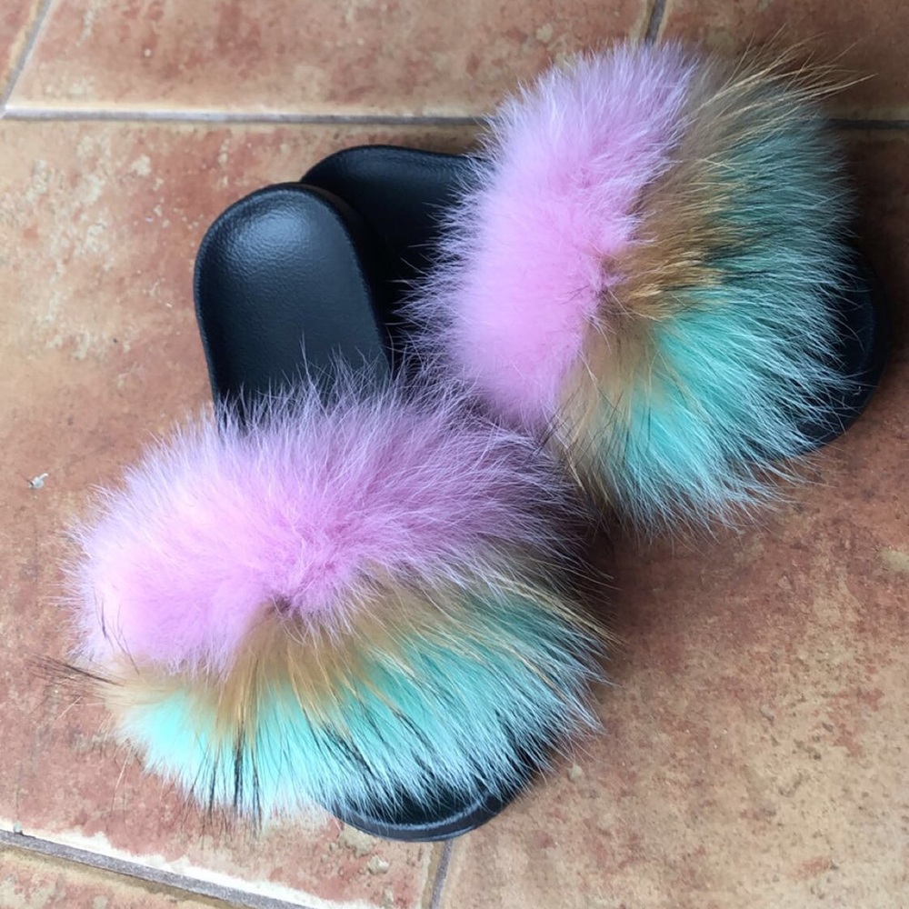 Pink Mint Fur Slides